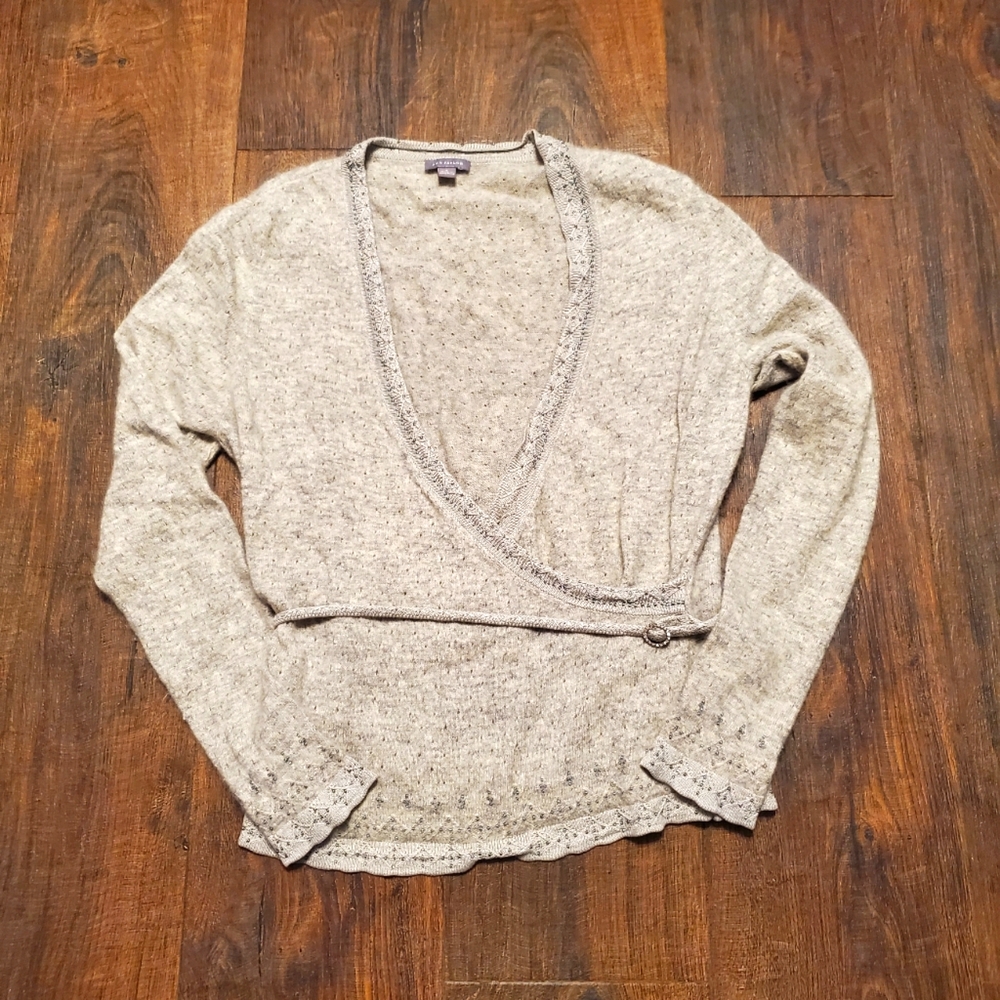 Ann Taylor Medium Beaded Trim Gray Faux Wrap Top Rabbit Hair Lamb Wool